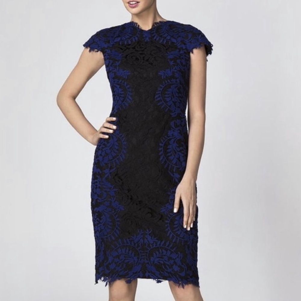 Tadashi Shoji Black and Blue Cap Sleeve Lace Cocktail Dress
